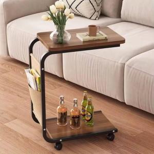 C-Shaped End Table with Wheels, Movable Side Table with Storage Pocket