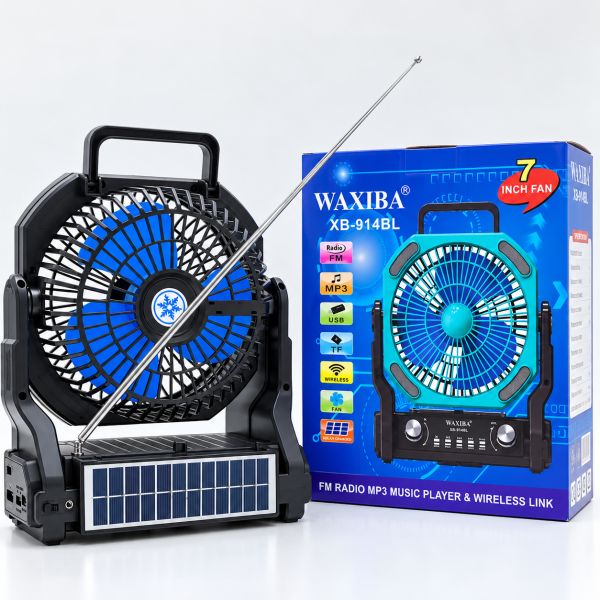 Camping Fan with for Speaker Radio LED Light Rechargeable 2400mAh Solar Powered USB Remote Control Plastic Outdoor