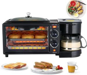 3-in-1 multifuncional kitchen appliance in black, featuring a toaster oven, a coffee maker, and a griddle