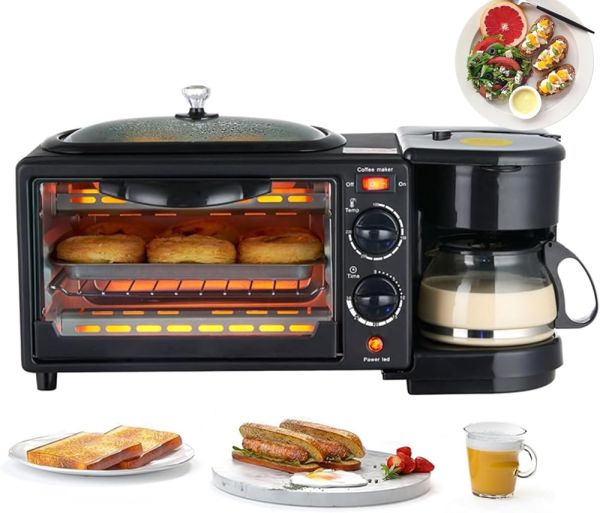 3-in-1 multifuncional kitchen appliance in black, featuring a toaster oven, a coffee maker, and a griddle